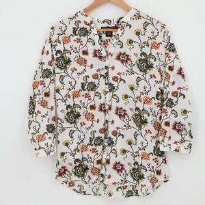 Folk Art Floral Print Top Womens Size M Boho Lightweight Button Roll Tab Sleeve